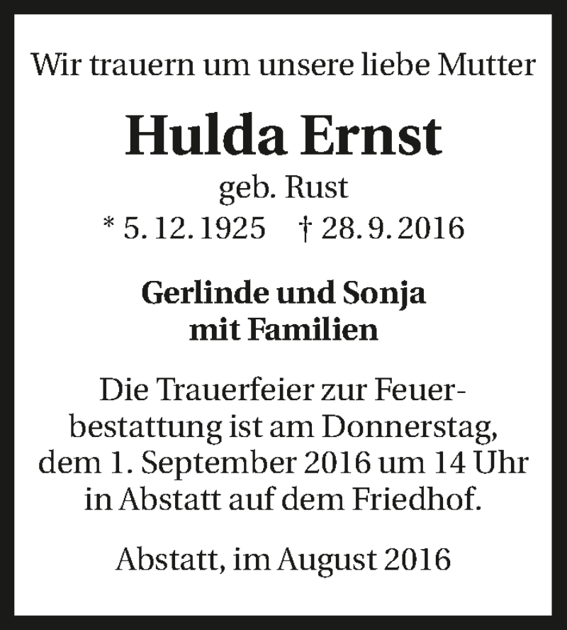 Traueranzeige für Hulda Ernst vom 30.08.2016 aus 