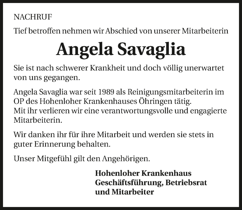  Traueranzeige für Angela Savaglia vom 05.08.2016 aus 