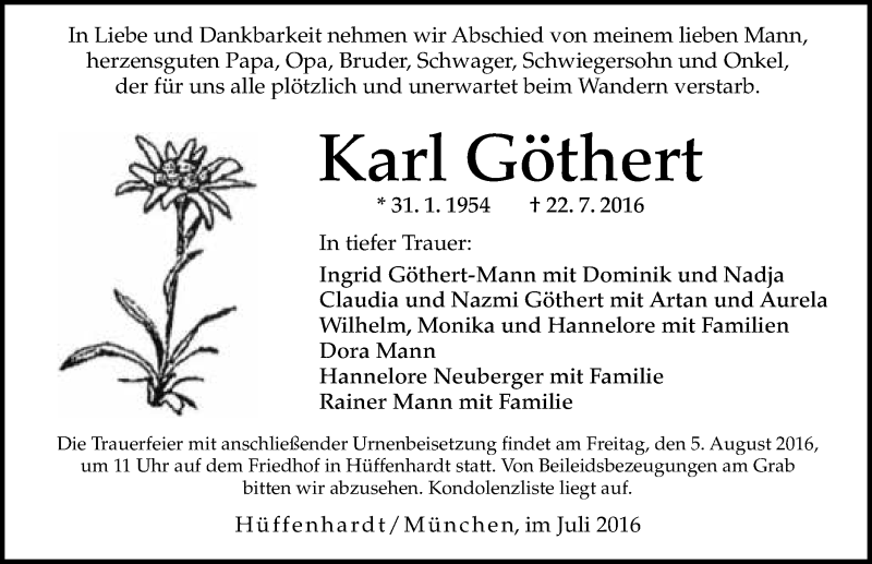  Traueranzeige für Karl Göthert vom 03.08.2016 aus 
