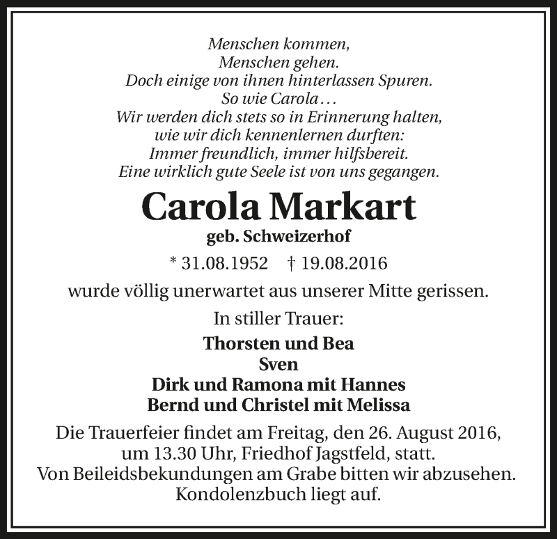  Traueranzeige für Carola Markart vom 24.08.2016 aus 