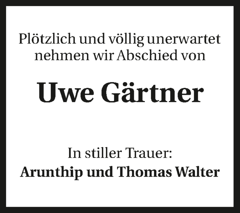  Traueranzeige für Uwe Gärtner vom 23.08.2016 aus 
