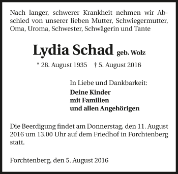 Traueranzeige von Lydia Schad 
