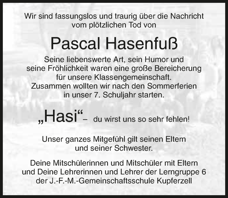  Traueranzeige für Pascal Hasenfuß vom 12.08.2016 aus 