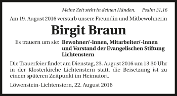 Traueranzeige von Birgit Braun 