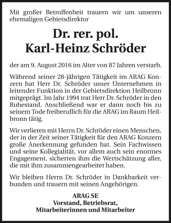 Traueranzeige von Karl Heinz Schröder 