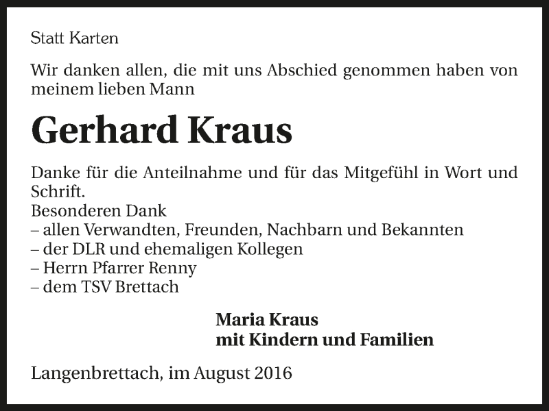  Traueranzeige für Gerhard Kraus vom 18.08.2016 aus 