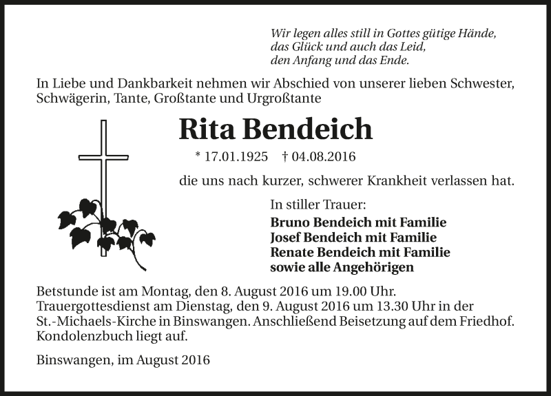  Traueranzeige für Rita Bendeich vom 06.08.2016 aus 
