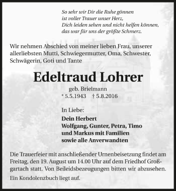 Traueranzeige von Edeltraud Lohrer 