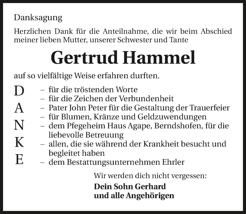  Traueranzeige für Gertrud Hammel vom 26.08.2016 aus 
