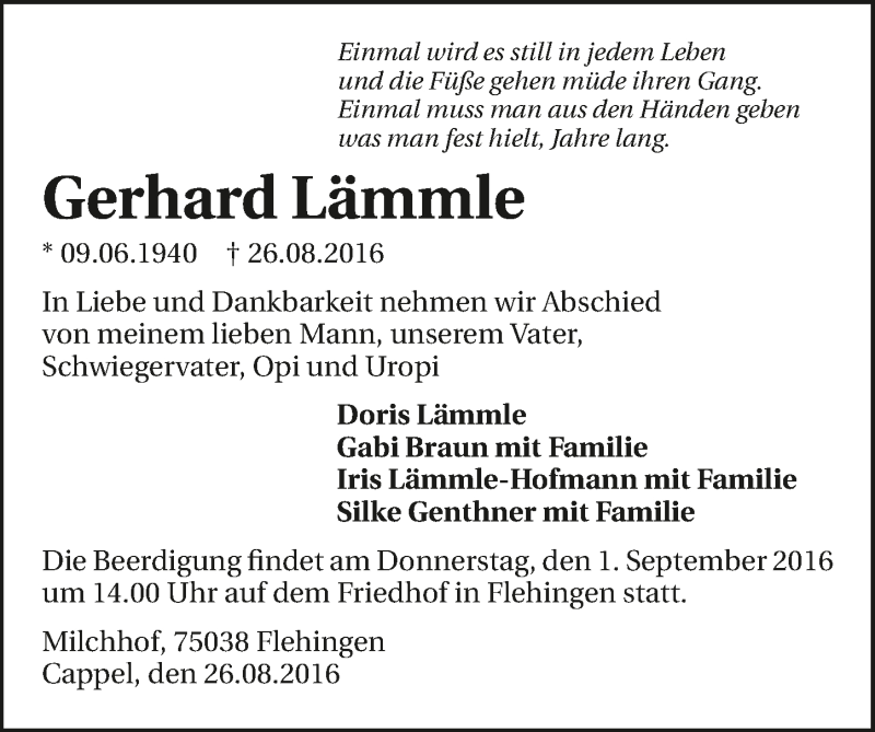  Traueranzeige für Gerhard Lämmle vom 30.08.2016 aus 