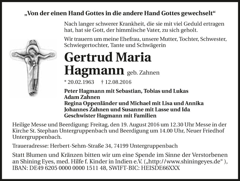  Traueranzeige für Gertrud Maria Hagmann vom 13.08.2016 aus 