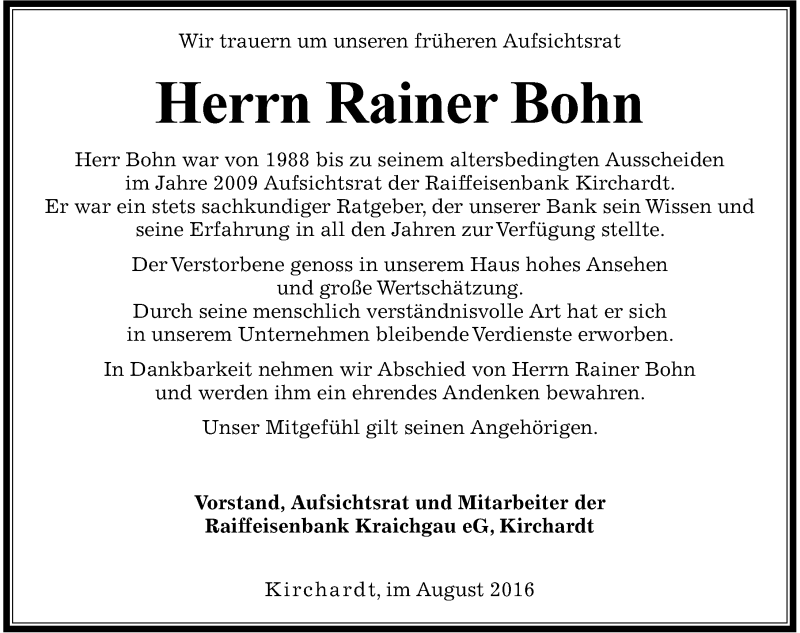  Traueranzeige für Rainer Bohn vom 17.08.2016 aus 