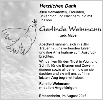 Traueranzeige von Gerlinde Weinmann 