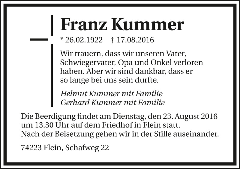  Traueranzeige für Franz Kummer vom 20.08.2016 aus 