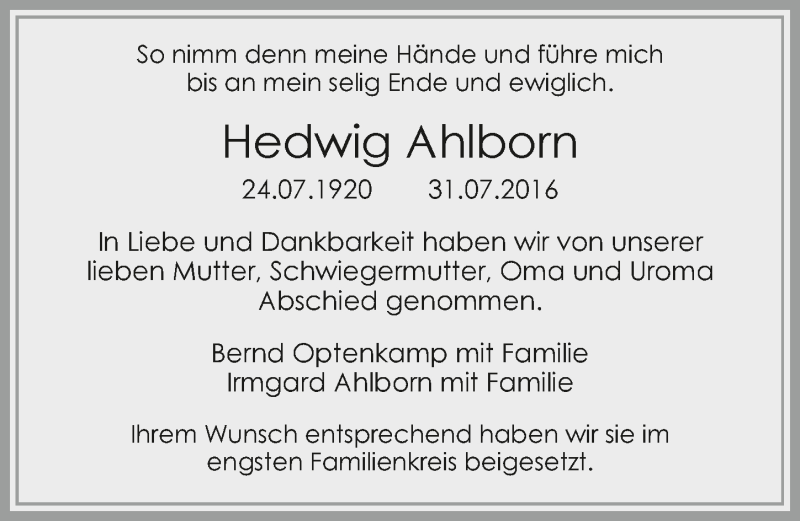  Traueranzeige für Hedwig Ahlborn vom 10.08.2016 aus 