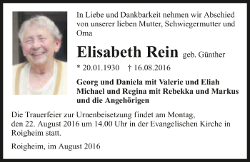 Traueranzeige von Elisabeth Rein 