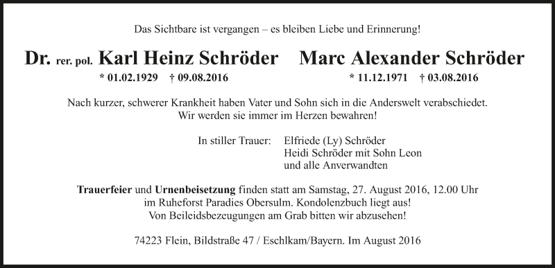  Traueranzeige für Marc Alexander Schröder vom 20.08.2016 aus 
