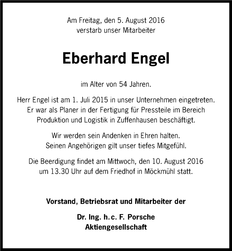  Traueranzeige für Eberhard Engel vom 09.08.2016 aus 