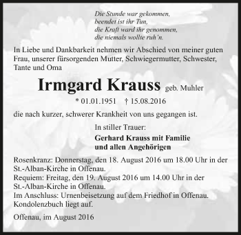 Traueranzeige von Irmgard Krauss 