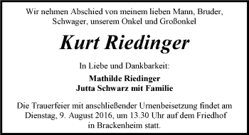Traueranzeige von Kurt Riedinger 