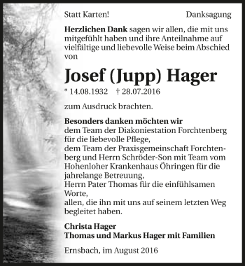 Traueranzeige von Josef Hager 