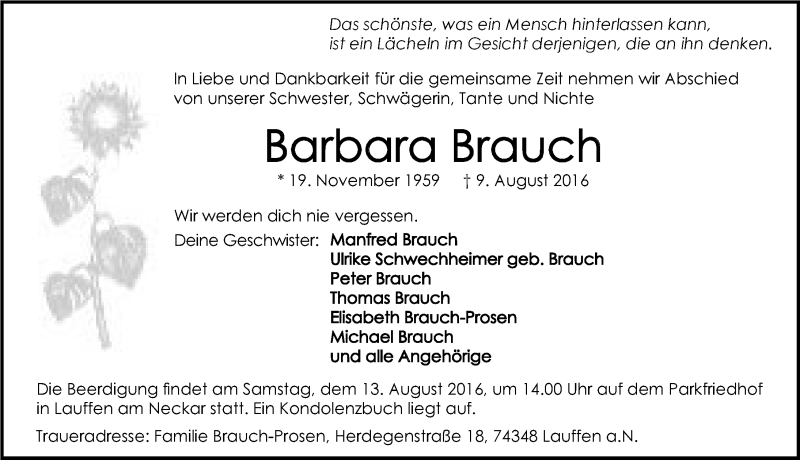  Traueranzeige für Barbara Brauch vom 11.08.2016 aus 