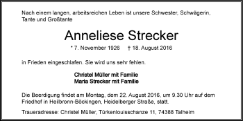 Traueranzeige von Anneliese Strecker 