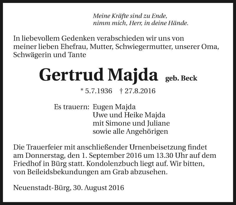  Traueranzeige für Gertrud Majda vom 30.08.2016 aus 