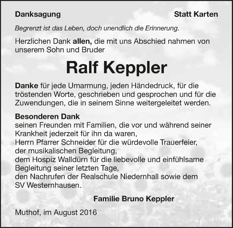 Traueranzeige für Ralf Keppler vom 27.08.2016 aus 