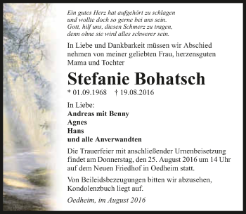 Traueranzeige von Stefanie Bohatsch 