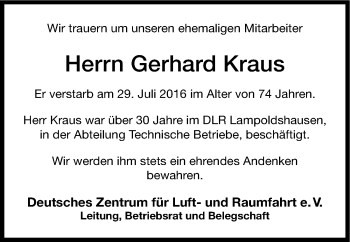 Traueranzeige von Gerhard Kraus 