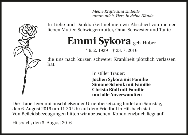  Traueranzeige für Emmi Sykora vom 03.08.2016 aus 