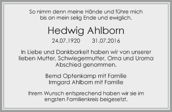 Traueranzeige von Hedwig Ahlborn 