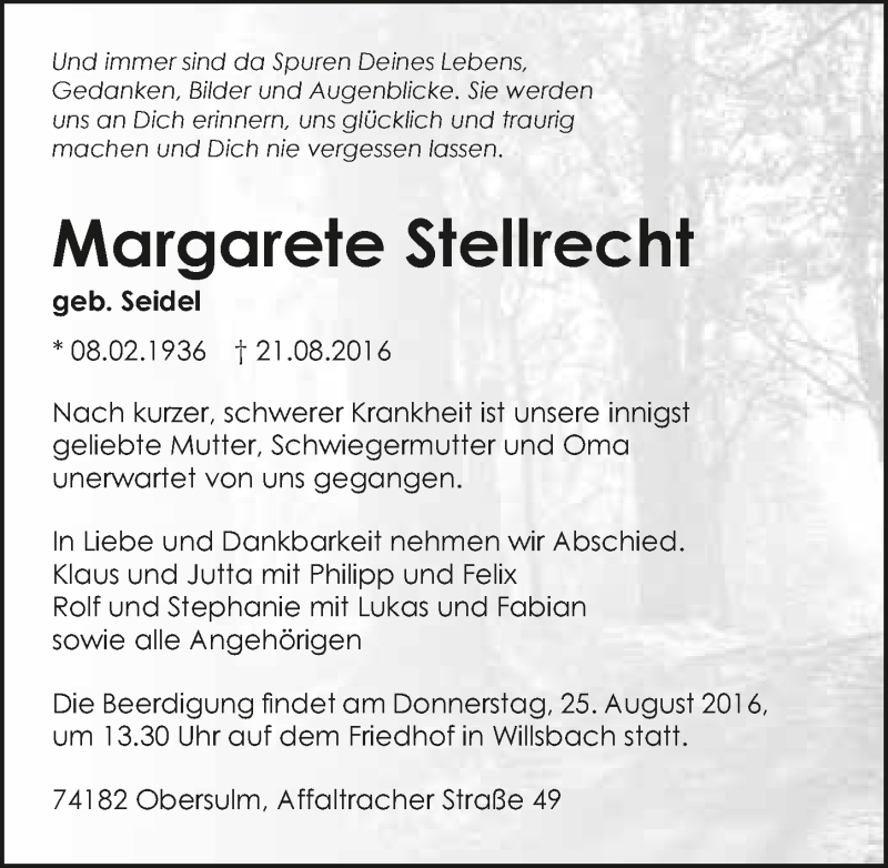  Traueranzeige für Margarete Stellrecht vom 23.08.2016 aus 