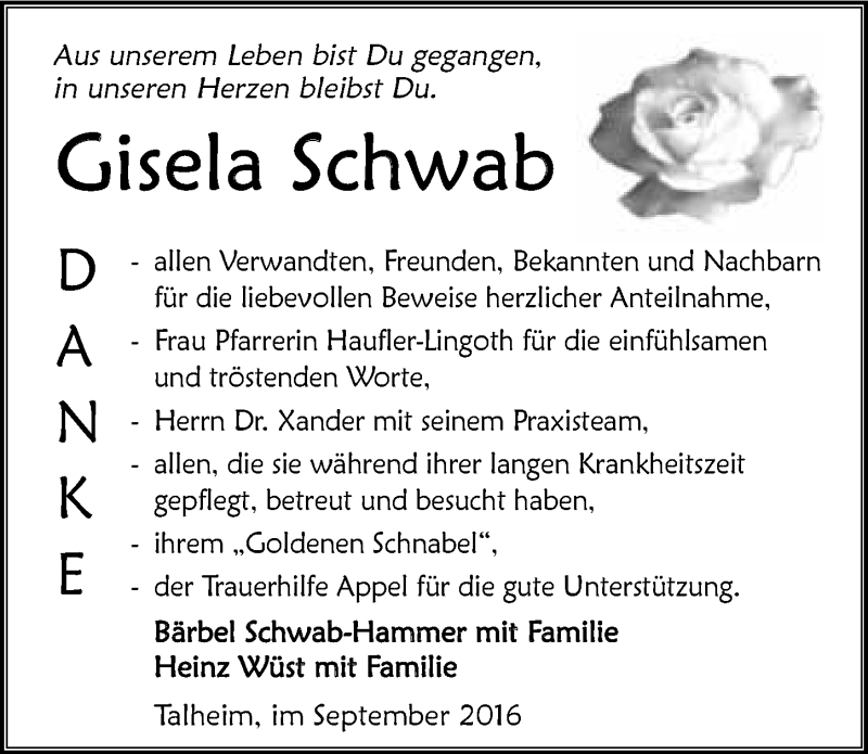  Traueranzeige für Gisela Schwab vom 01.09.2016 aus 