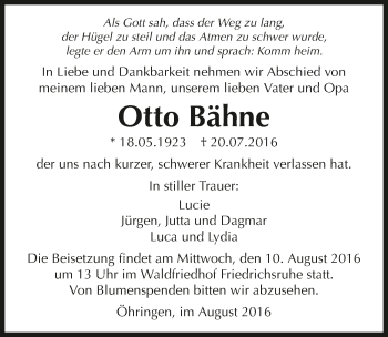 Traueranzeige von Otto Bähne 