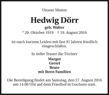 Traueranzeige von Hedwig Dörr 
