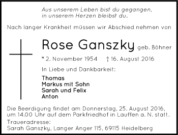Traueranzeige von Rose Ganszky 