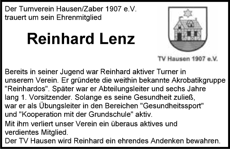  Traueranzeige für Reinhard Lenz vom 25.08.2016 aus 
