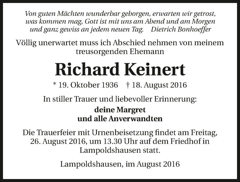  Traueranzeige für Richard Keinert vom 24.08.2016 aus 