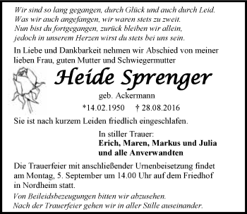 Traueranzeige von Heide Sprenger 
