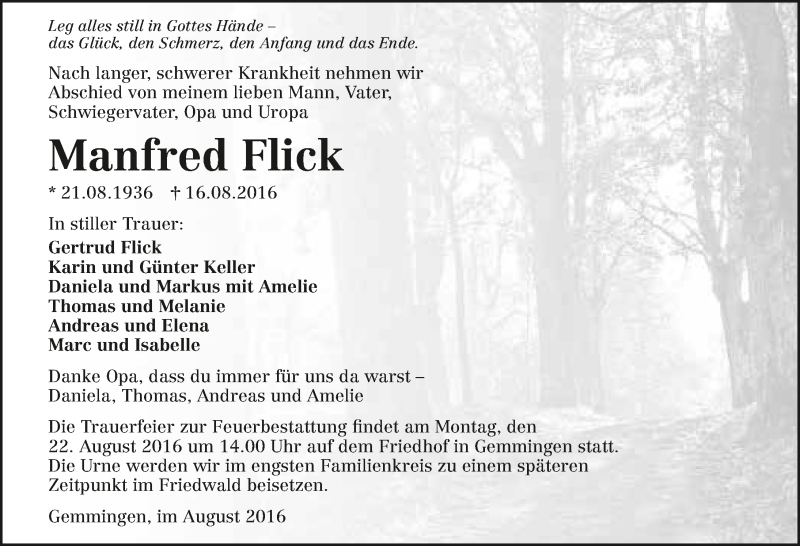  Traueranzeige für Manfred Flick vom 19.08.2016 aus 