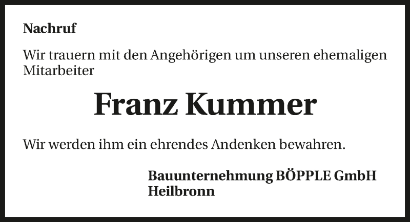  Traueranzeige für Franz Kummer vom 23.08.2016 aus 