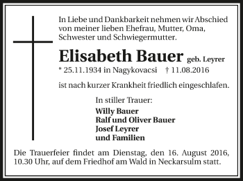 Traueranzeige von Elisabeth Bauer 