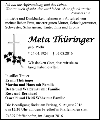 Traueranzeige von Meta Thüringer 