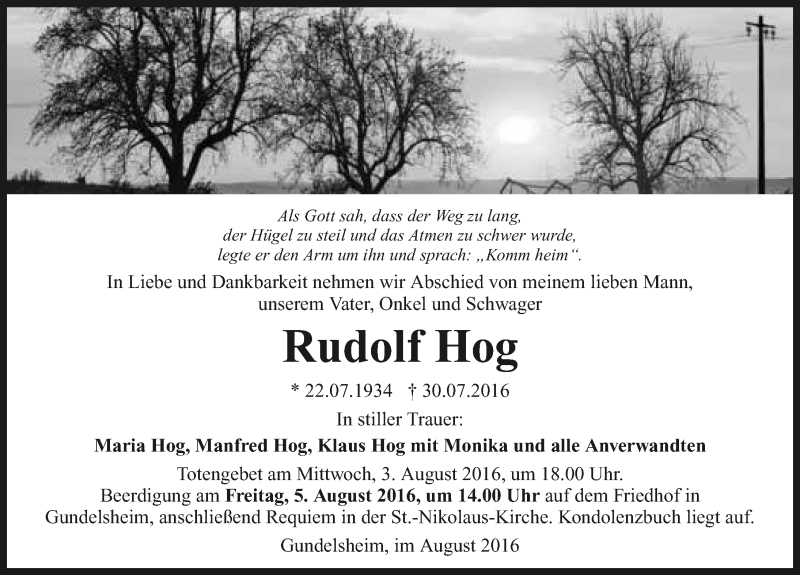  Traueranzeige für Rudolf Hog vom 03.08.2016 aus 