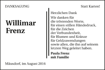 Traueranzeige von Willimar Frenz 