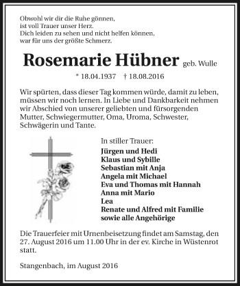 Traueranzeige von Rosemarie Hübner 