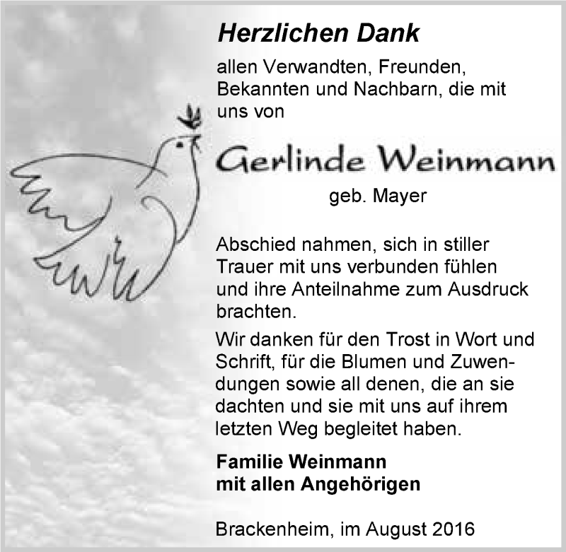  Traueranzeige für Gerlinde Weinmann vom 27.08.2016 aus 