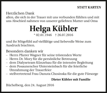 Traueranzeige von Helga Kübler 